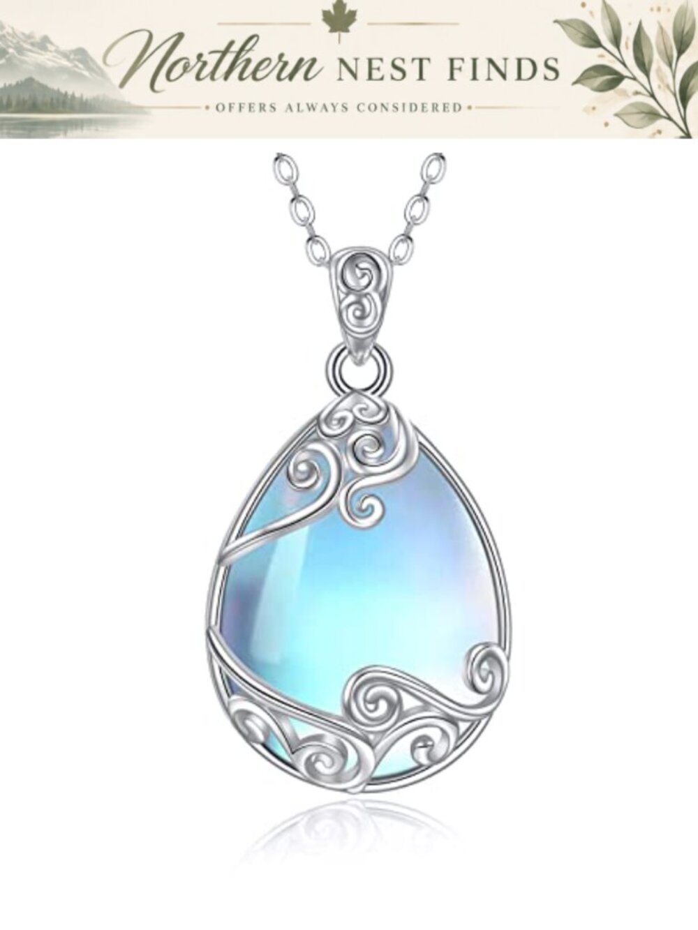 925 Sterling Silver Moonstone Teardrop Necklace Filigree Pendant